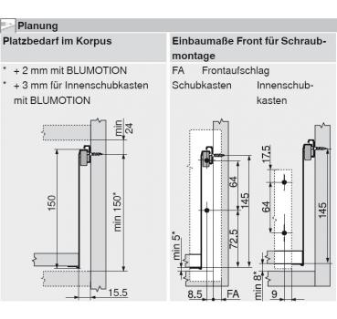 blum METABOX Stahlzarge H = 150mm, Teilauszug, 25 kg, NL=400 mm, Schraubversion