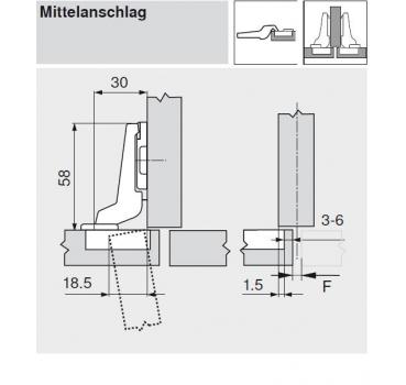 MODUL Standardscharnier 100°, Mittelanschlag, Topf: Schrauben