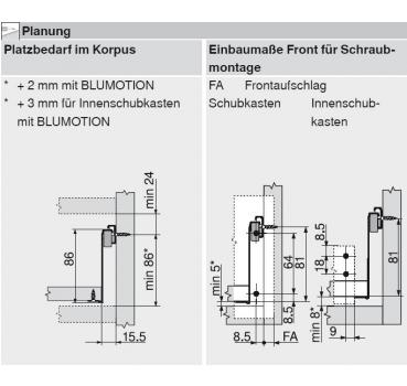 blum METABOX Stahlzarge M = 86 mm, Teilauszug, 25 kg, NL=450 mm, Schraubversion