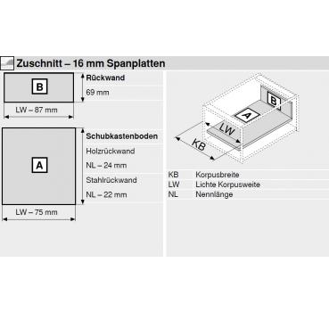 Frontauszug Schubkasten-Bausatz, Tandembox Antaro, Zargenhöhe 68 mm, Systemhöhe N, mit Korpusschiene 30kg Blumotion