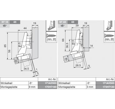 CLIP top Winkelscharnier +20° II, aufschlagend, ohne Feder, Topf: Schrauben