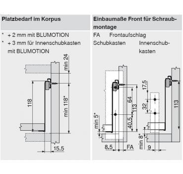 blum METABOX Stahlzarge K = 118 mm, Teilauszug, 25 kg, NL=550 mm, Schraubversion