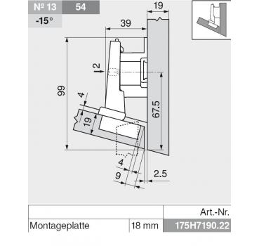 CLIP top Winkelscharnier -15° III, max. aufschlagend, ohne Feder, Topf: Schrauben