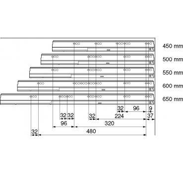 TANDEMBOX BLUMOTION Korpusschiene Vollauszug, 65 kg, NL= 600mm, li/re 576.6001B