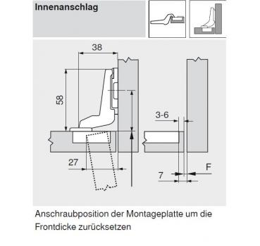 MODUL Standardscharnier 100°, Innenanschlag, Topf: Schrauben