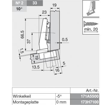 CLIP top Winkelscharnier +15° III, max. aufschlagend, ohne Feder, Topf: Schrauben