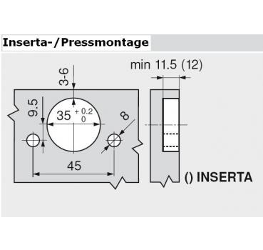 CLIP top Standardscharnier 107°, hochgekröpft, ohne Feder, Topf: INSERTA