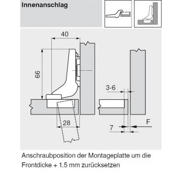 CLIP top Standardscharnier 107°, hochgekröpft, ohne Feder, Topf: INSERTA