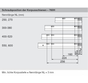 MOVENTO mit BLUMOTION S, Vollauszug für Holzschubkasten, 60 kg, NL=550mm, mit Kupplungen, für TIP-ON-Blumotion, 766H5500S