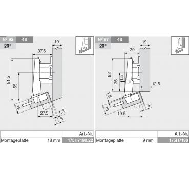 CLIP top Mini-Winkelscharnier 20° II, aufschlagend, mit Feder, Topf: Schrauben