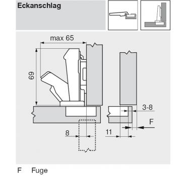 CLIP top Weitwinkelscharnier 170°, gerade, mit Feder, Topf: Schrauben