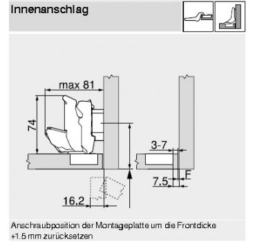 CLIP top Weitwinkelscharnier für 0-Einsprung 155°, Mittelanschlag ohne Feder Inserta, 70T7690.TL