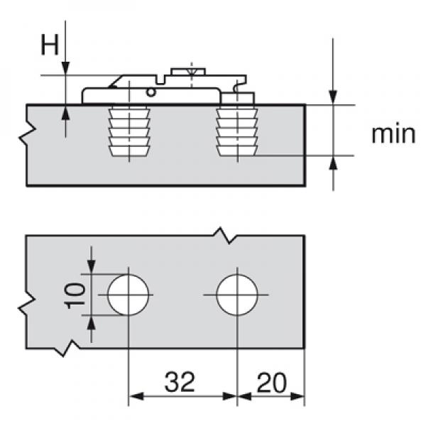 CLIP Montageplatte, gerade (20/32 mm), 0 mm, Zink, Einpressen, HV: Exzenter