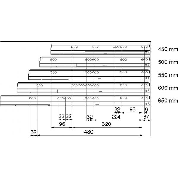 TANDEMBOX BLUMOTION Korpusschiene Vollauszug, 65 kg, NL= 650mm, li/re 576.6501B