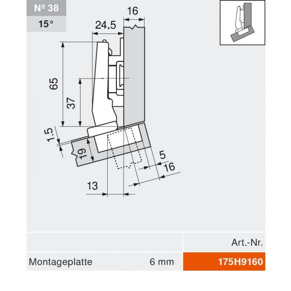 CLIP top BLUMOTION Winkelscharnier 15° III, max. aufschl., Topf: Schrauben