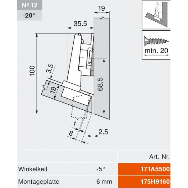 CLIP top BLUMOTION Winkelscharnier -15° III, max. aufschl., Topf: Schrauben