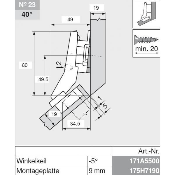 CLIP top BLUMOTION Winkelscharnier 45° I, halbaufschlagend, Topf: Schrauben