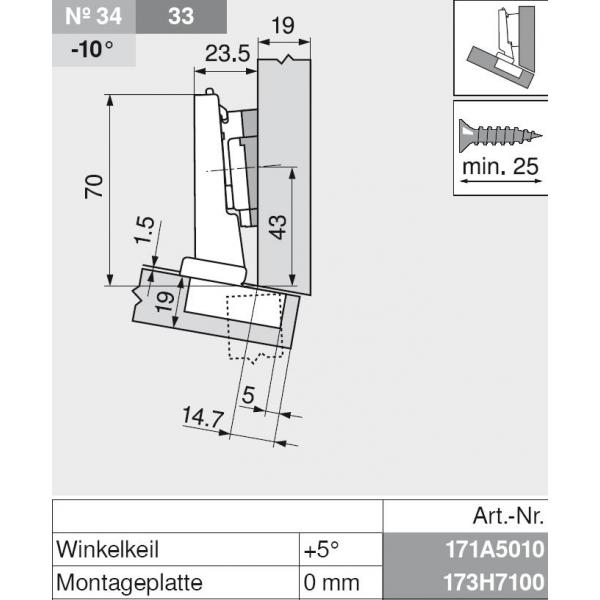 CLIP top Winkelscharnier -15° III, max. aufschlagend, ohne Feder, Topf: Schrauben