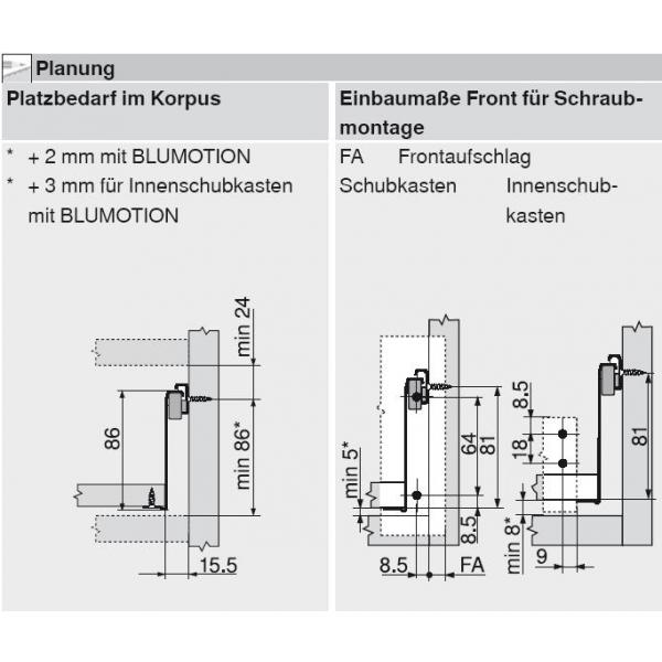 blum METABOX Stahlzarge M = 86 mm, Teilauszug, 25 kg, NL=350 mm, Schraubversion