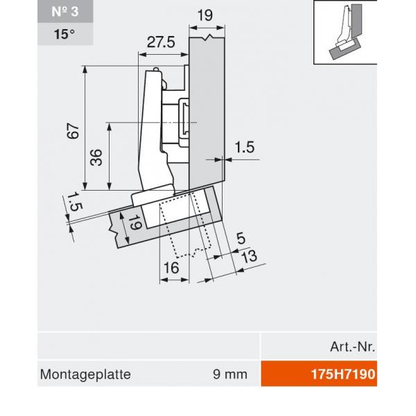 CLIP top BLUMOTION Winkelscharnier 15° III, max. aufschl., Topf: Schrauben