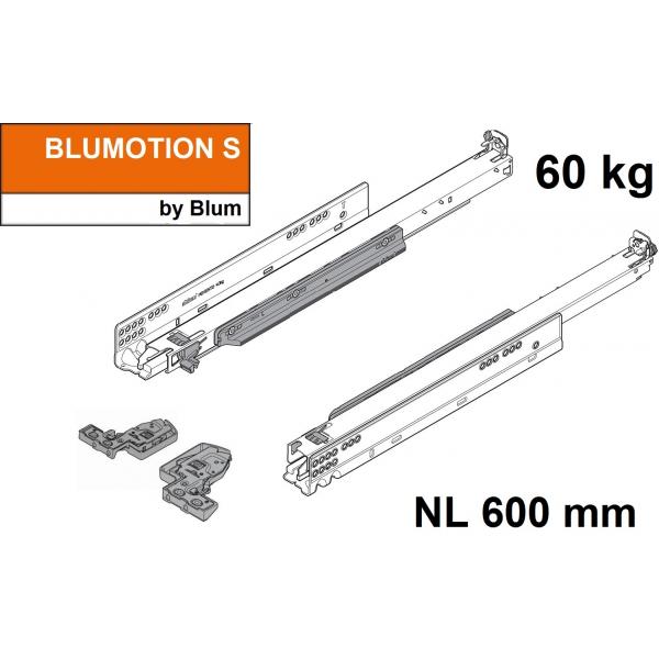 MOVENTO mit BLUMOTION S, Vollauszug für Holzschubkasten, 60 kg, NL=600mm, mit Kupplungen, für TIP-ON-Blumotion, 766H6000S