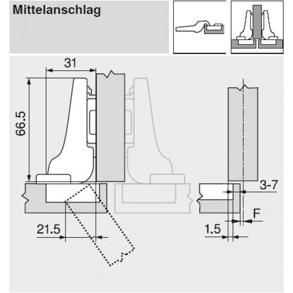 CLIP top Standardscharnier 110°, gekröpft, ohne Feder, Topf: INSERTA