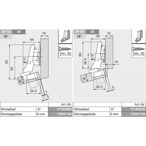 CLIP top Winkelscharnier +20° II, aufschlagend, ohne Feder, Topf: Schrauben