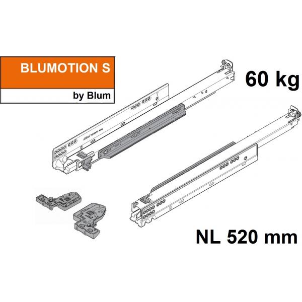 MOVENTO mit BLUMOTION S, Vollauszug für Holzschubkasten, 60 kg, NL=520mm, mit Kupplungen, für TIP-ON-Blumotion, 766H5200S