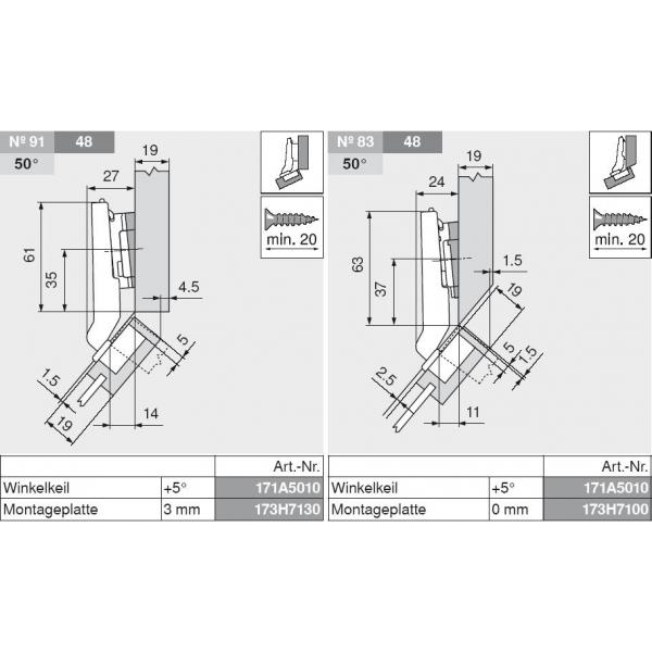 Restposten! CLIP top Mini-Winkelscharnier 45° II, aufschlagend, mit Feder, Topf: Schrauben
