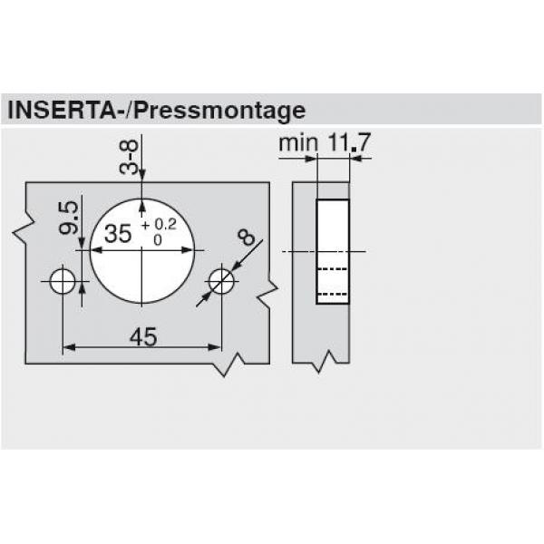 CLIP top Weitwinkelscharnier 155°, Eckanschlag, ohne Feder, Topf: INSERTA, 70T7590.TL