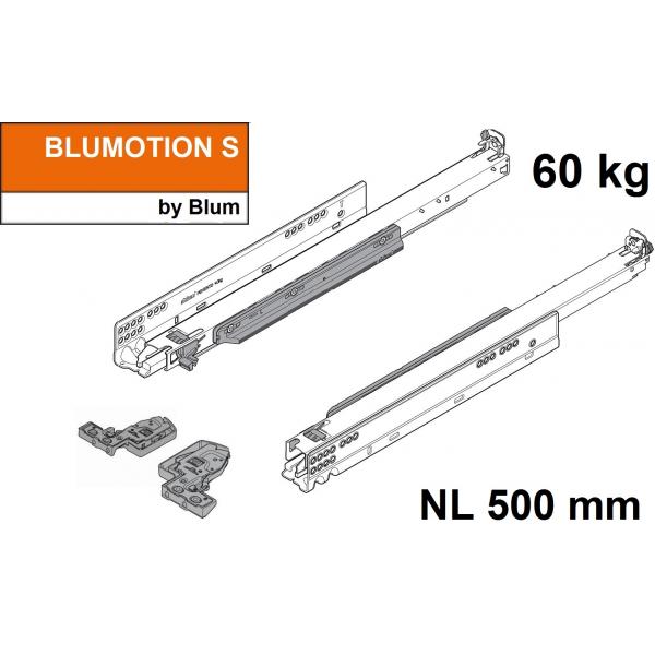 MOVENTO mit BLUMOTION S, Vollauszug für Holzschubkasten, 60 kg, NL=500mm, mit Kupplungen, für TIP-ON-Blumotion, 766H5000S