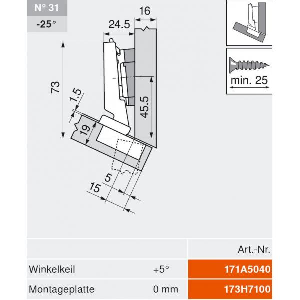 CLIP top BLUMOTION Winkelscharnier -30° III, max. aufschl., Topf: Schrauben