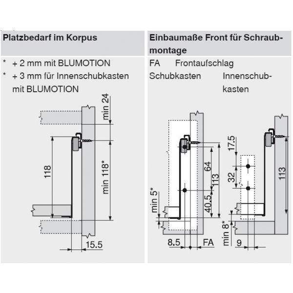 blum METABOX Stahlzarge K = 118 mm, Teilauszug, 25 kg, NL=450 mm, Schraubversion