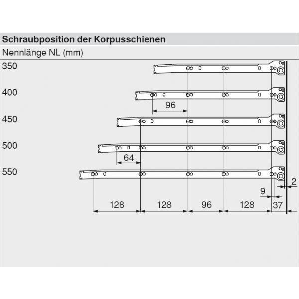 blum METABOX Stahlzarge K = 118 mm, Teilauszug, 25 kg, NL=550 mm, Schraubversion