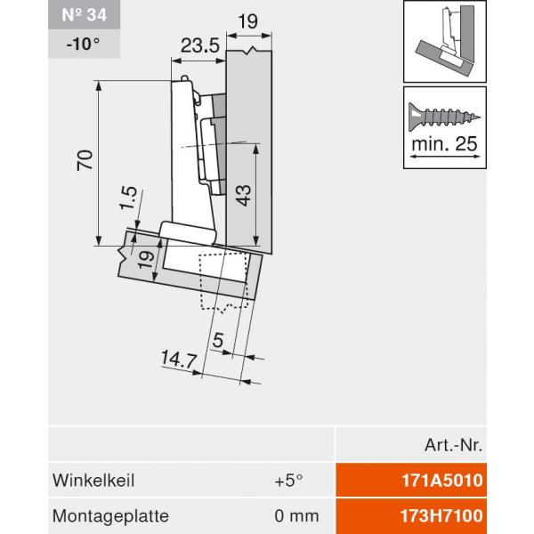 CLIP top BLUMOTION Winkelscharnier -15° III, max. aufschl., Topf: Schrauben