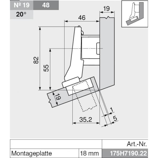 CLIP top Winkelscharnier +20° II, aufschlagend, ohne Feder, Topf: Schrauben