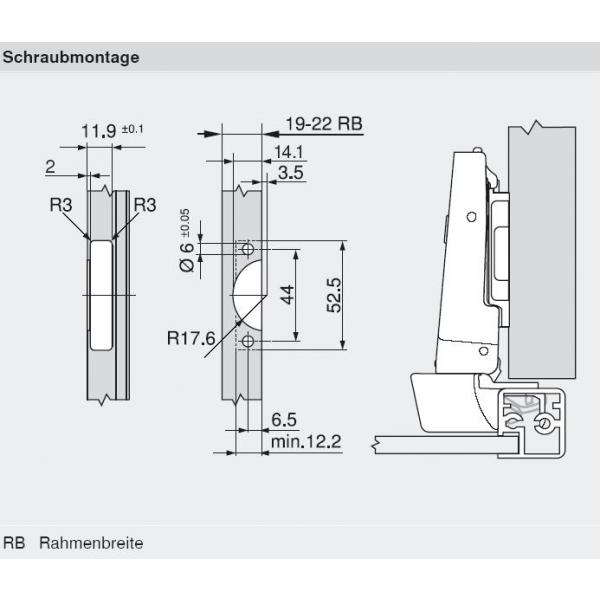 CLIP top BLUMOTION Alurahmenscharnier 95°, Innenanschlag, Topf: Schrauben