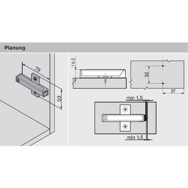 TIP-ON für Türen, Adapterplatte Langversion kreuzform, zum Schrauben (37/32mm) platingrau