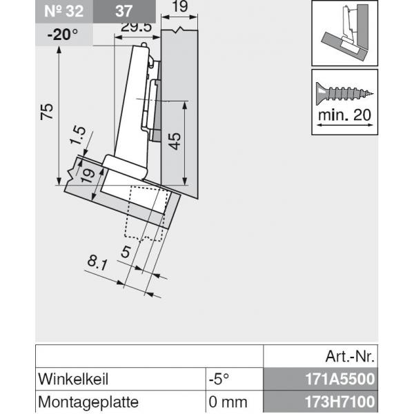 CLIP top Winkelscharnier -15° III, max. aufschlagend, ohne Feder, Topf: Schrauben