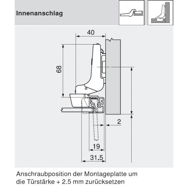 CLIP top BLUMOTION Alurahmenscharnier 95°, Innenanschlag, Topf: Schrauben