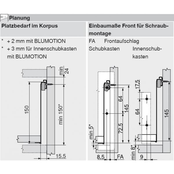 blum METABOX Stahlzarge H = 150mm, Teilauszug, 25 kg, NL=450 mm, Schraubversion