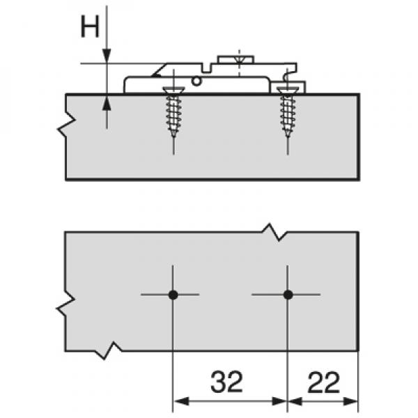 CLIP Montageplatte, gerade (22/32 mm), 0 mm, Zink, Spax-Schrauben, HV: Exzenter