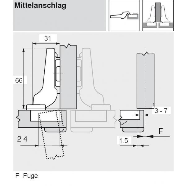 CLIP top BLUMOTION Profiltürscharnier 95°, Mittelanschlag, Topf: INSERTA
