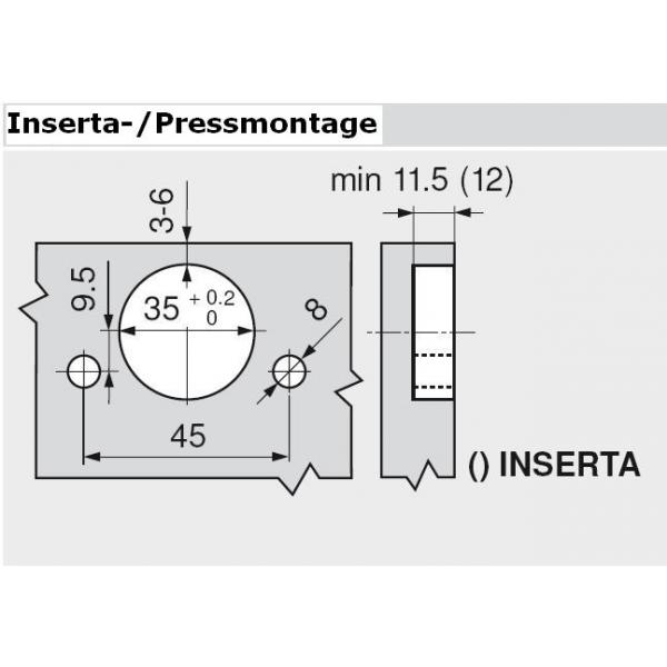 CLIP top Standardscharnier 107°, hochgekröpft, ohne Feder, Topf: INSERTA