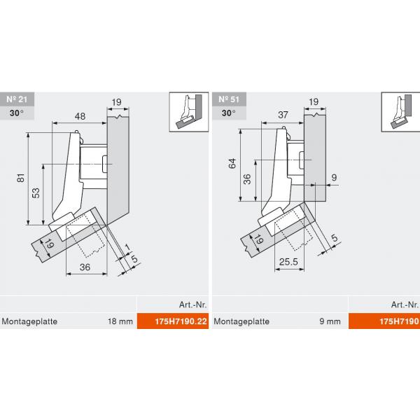 CLIP top BLUMOTION Winkelscharnier +30° II, aufschlagend, Topf: Schrauben