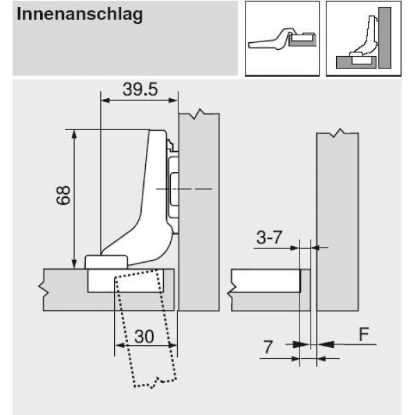 CLIP top Standardscharnier 110°, hochgekröpft, ohne Feder, Topf: INSERTA