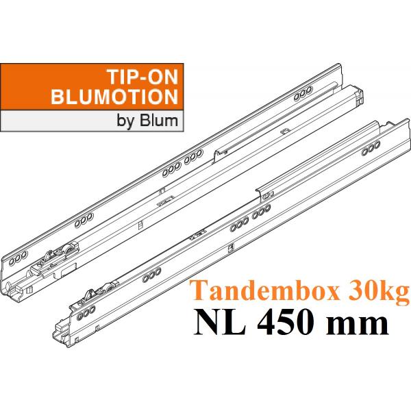 TANDEMBOX TIP-ON Blumotion Korpusschiene Vollauszug, 30 kg, NL= 450mm, li/re