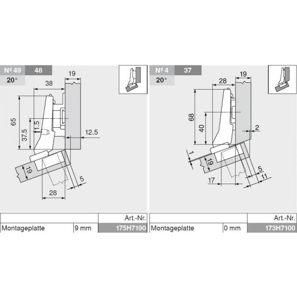 CLIP top Winkelscharnier +20° II, aufschlagend, ohne Feder, Topf: Schrauben