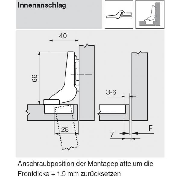 CLIP top Standardscharnier 107°, hochgekröpft, ohne Feder, Topf: INSERTA