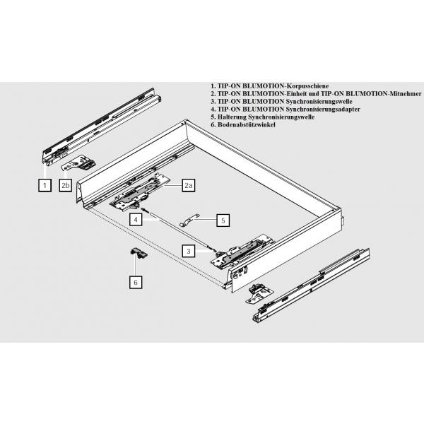 TANDEMBOX TIP-ON Blumotion Korpusschiene Vollauszug, 65 kg, NL= 450mm, li/re